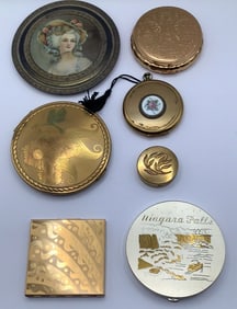 Antique Portrait Mirror & Assorted Vintage Compacts Including Elgin American & Elmo Pow