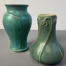 Detroit Pewabic Pottery Vases Two green glaze Art Nouveau style vases marked Pewabic Detroit 2017.
