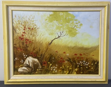 Landscape Original Oil Painting in Frame Signed Landscape painting of trees and flowers in yellows