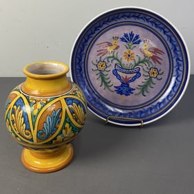 Greek & Italian Handpainted Pottery Blue low bowl handpainted with yellow flowers and birds, marked