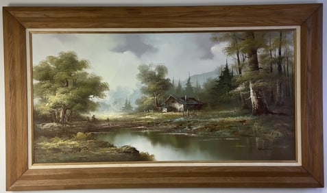 Large Original Landscape Oil Painting Signed Landscape with trees and cabin, signed Johnston.