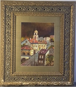 Original Oil Painting in Ornate Frame Signed 20th century European city scene in 19th century frame.