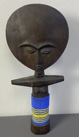 Akuaba Fertility Doll Ghana Africa Carved wooden fertility figure with yellow and blue seed beads
