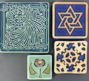 Pewabic Detroit Pottery Tiles Set of Four Four tiles, peacock, gears, flower, and Star of David.
