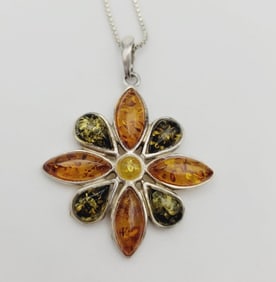 Sterling Silver Baltic Amber Floral Necklace Necklace Measures 26" Necklace Weighs 8.5 Grams