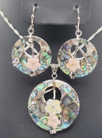 Lee Sands Abalone Mosaic Necklace & Earrings Necklace Measures 21" Silver Tone Metal