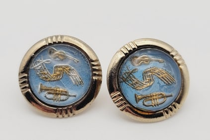 Vintage Jazz Instruments Earrings Gold Tone Metal Engraved Glass Cabochon