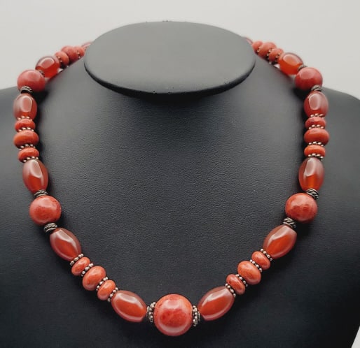 Sterling Silver Coral and Carnelian Necklace Necklace Measures 27.5" Necklace Weighs 77.9 Grams: Necklace Measures 27.5" Necklace Weighs 77.9 Grams