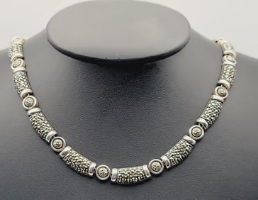 Vintage Sterling Silver Marcasite Necklace Necklace Measures 16.5" Necklace Weighs 47.1 Grams