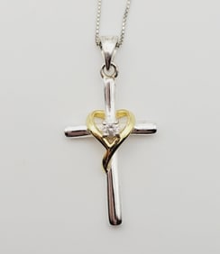 Sterling Silver Gold Plated CZ Cross Necklace Necklace Measures 19" Necklace Weighs 3.9 Grams