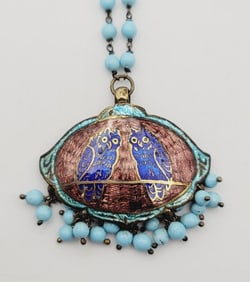Vintage Cloisonne Brass Owl Necklace Necklace Measures 21" Necklace Weighs 14.7 Grams