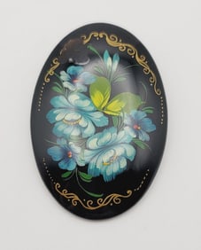 Vintage Signed Russian Lacquer Floral Brooch Paint Loss see photo #6