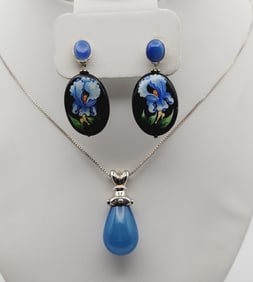 Sterling Silver Iris and Glass Necklace & Earrings Necklace Measures 32"