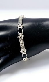 Sterling Silver Onyx & Marcasite Link Bracelet Bracelet weighs 17.1 Grams