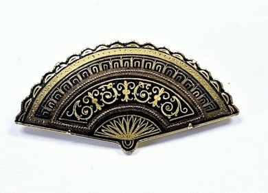Gierre 14K Yellow Gold Damascene Fan Brooch Brooch weighs 10.3 Grams