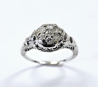 Antique 14K White Gold Diamond Cluster Ring Ring weighs 2.7
