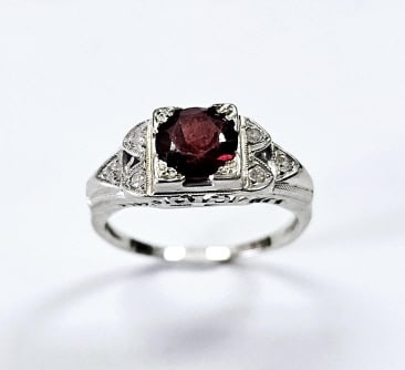 Antique 18K White Gold Garnet & Diamond Ring Ring weighs 1.9 (1 of 9)