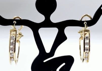 14K Yellow Gold Diamond Hoop Earrings Channel set in each earring are 5 brilliant cut VS-2 G-H Color