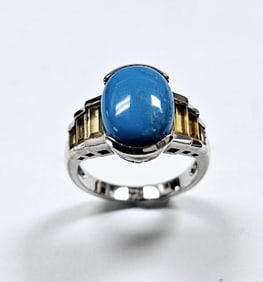 Sterling Silver Turquoise & Baguette Citrine Ring Ring weighs 7.2 Grams Size 9