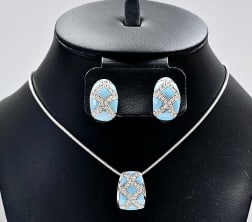 Sterling Turquoise Enamel & CZ Necklace Earrings Set weighs 26.3 Grams total Necklace measures 16"