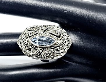 Sterling Silver Blue Topaz & Marcasite Ring Ring weighs 10.2 Grams Size 8