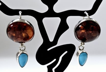 Jay King Sterling Amber & Turquoise Earrings Earrings weigh 5.3 Grams