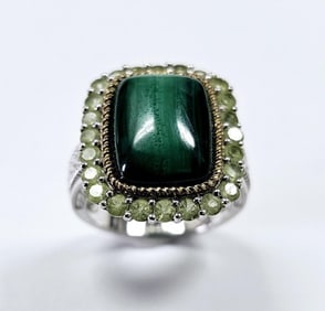 Sterling Silver Malachite & Peridot Ring Ring weighs 11.3 Grams Size 9