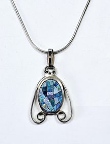 Sterling Silver Blue Mosaic Opal Necklace Necklace weighs 10.8 Grams Measures 18"