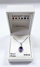 Sterling Silver Amethyst & Diamond Accent Necklace Necklace weighs 2.6 Grams Measures 18"