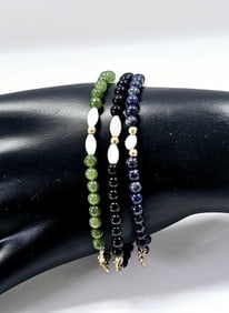 Trio of 14K Gold Onyx Jadite & Lapis Bracelets Bracelets weigh 12.1 Grams Total