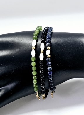 Trio of 14K Gold Onyx Jadite & Lapis Bracelets Bracelets weigh 12.1 Grams Total: Bracelets weigh 12.1 Grams Total