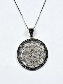 Sterling Silver Marcasite & CZ Necklace Necklace weighs 7.7 Grams Measures 21"