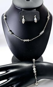 Sterling Crystal Beaded Necklace Earrings Bracelet Set weighs 31.7 Grams