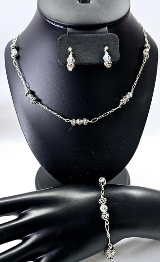 Sterling Crystal Beaded Necklace Earrings Bracelet Set weighs 31.7 Grams (1 of 8)