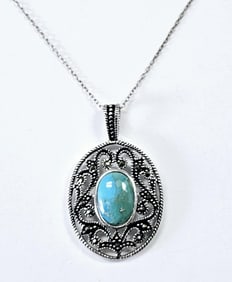 Sterling Turquoise & Marcasite Necklace Necklace weighs 7.4 Grams Measures 20"