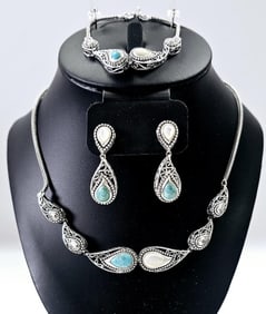 Sterling Silver Turquoise & Mother of Pearl Set Set weighs 46.6 Grams Necklace measures 16"