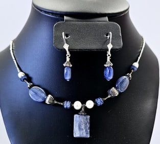Sterling Silver Blue Sodalite Necklace & Earrings Set weighs 22.3 Grams total Necklace measures 20"