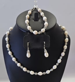 Sterling Baby Pink Genuine Pearl & Crystal Set Set weighs 44.5 Grams Total Necklace measures 20"