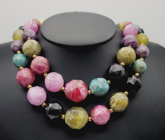 Vintage Multi Color Bead Double Strand Necklace Necklace Measures 56" Gold Tone Metal
