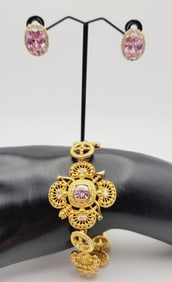 Camrose & Kross Pink Rhinestone Set Bracelet Measures 8.5" Gold Tone Metal