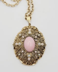 Vintage Avon Pink Rhinestone Necklace Necklace Measures 26" Gold Tone Metal