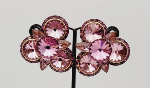 Vintage Chunky Pink Rhinestone Clip Earrings Gold Tone Metal