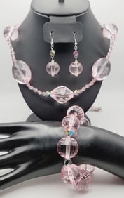 Vintage Chunky Pink Faceted Bead Set Necklace Measures 38"