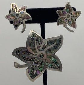 Taxco Mexico Sterling Brooch Pin Pendant Abalone Shell & Screw Back Earrings. Set weighs 16.3 TGW