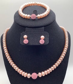 Honora Sterling Pink Pearl Necklace Set Bracelet & Earrings
