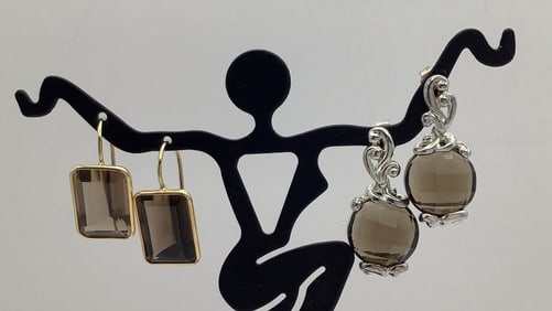 14K Yellow Gold Smokey Quartz & 925 Sterling Faceted Earrings