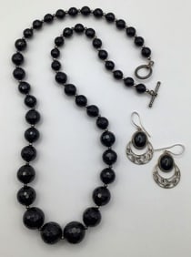 BJ 925 Sterling & Onyx Earrings & Onyx Necklace Necklace is 23" & unmarked. Earrings weigh 6.7 TGW