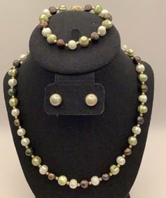 14K Yellow Gold Multi-Colored Pearl Necklace Bracelet & Earrings