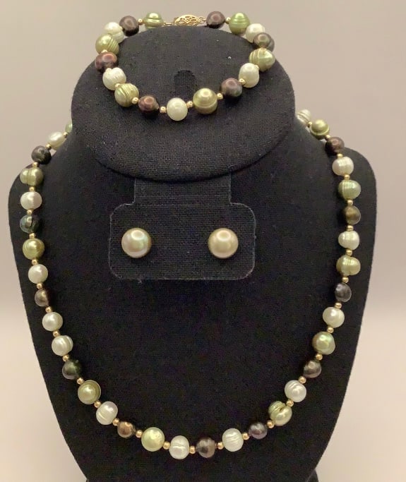 14K Yellow Gold Multi-Colored Pearl Necklace Bracelet & Earrings (1 of 10)