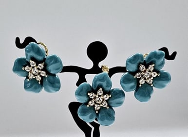 Nolan Miller Gold Tone Blue Composite & Rhinestone Earrings & Pendant